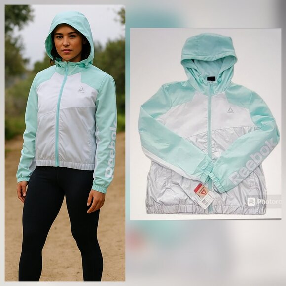 Reebok Mint Metallic Hooded Polar Fleece Lined Track Jacket Windbreaker NEW - Picture 1 of 15